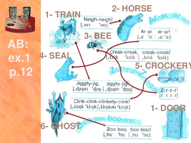 2- horse 1- train 3- bee AB: ex.1  p.12 4- seal 5- crockery 1- door 6- ghost 
