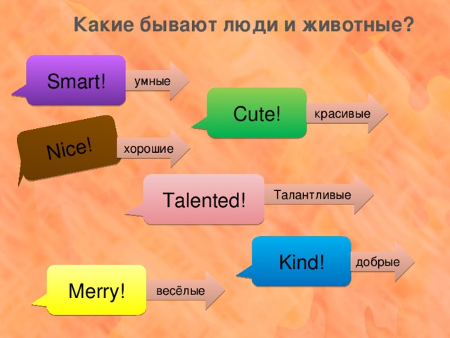 Nice! Какие бывают люди и животные? Smart! умные Cute! красивые хорошие Talented! Талантливые Kind! добрые Merry! весёлые 