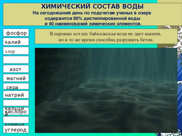 ХИМИЧЕСКИЙ СОСТАВ ВОДЫ На сегодняшний день по подсчетам ученых в озере содержится 90% дистиллированной воды  и 40 наименований химических элементов. В паровых котлах байкальская вода не дает накипи, но в то же время способна разрушить бетон.  фосфор калий хлор   железо  азот  магний                       сера натрий  кальций кислород  кремний углерод 