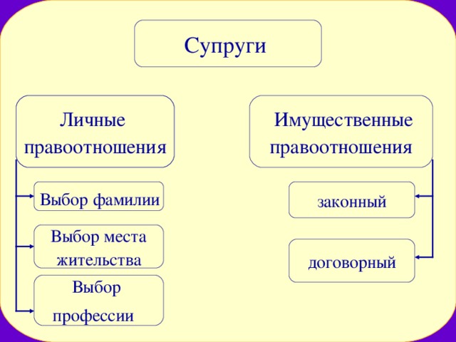 Супруги  Личные правоотношения  Имущественные правоотношения законный  Выбор фамилии   Выбор места жительства договорный Выбор профессии   