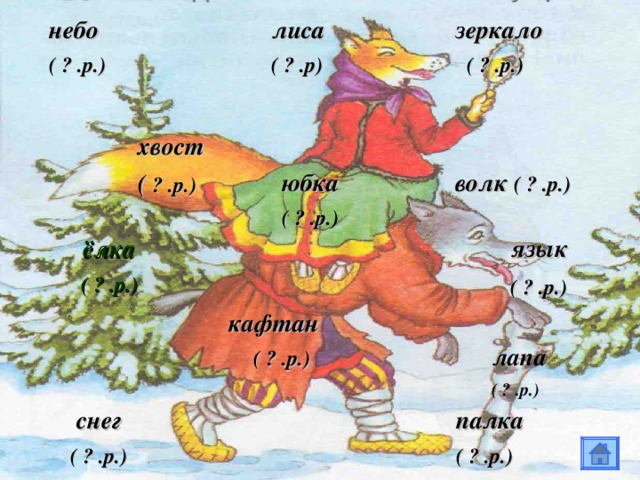  небо   ( ? .р.)  лиса  хвост  зеркало   ( ? .р)  ёлка  ( ? .р.)   ( ? .р.)  ( ? .р.)   юбка   снег   ( ? .р.)  ( ? .р.)  волк ( ? .р.)  язык  ( ? .р .) кафтан  лапа   ( ? .р.)  ( ? .р.)  палка   ( ? .р.) 