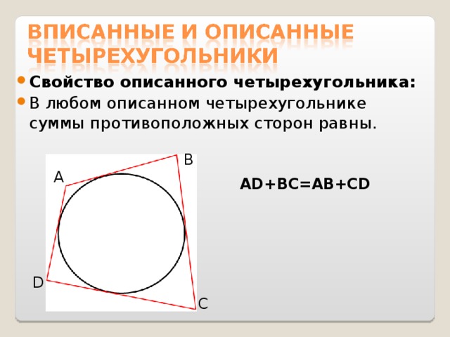 Свойство описанного четырехугольника: В любом описанном четырехугольнике суммы противоположных сторон равны. B A AD+BC=AB+CD D C 