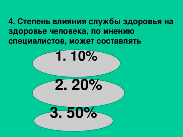 4. Степень влияния службы здоровья на здоровье человека, по мнению специалистов, может составлять 1. 10%   2. 20%   3. 50%  