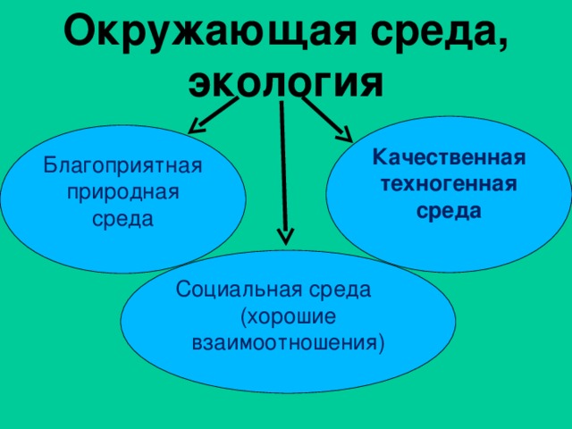 Окружающая среда, экология Качественная техногенная среда Благоприятная природная среда Социальная среда (хорошие взаимоотношения) 