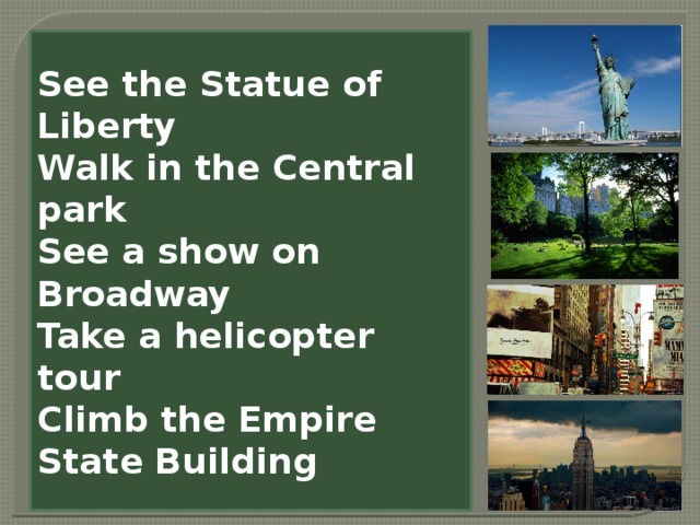 See the Statue of Liberty Walk in the Central park See a show on Broadway Take a helicopter tour Climb the Empire State Building 
