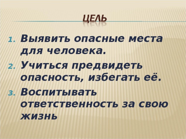 Выявить опасные места для человека. Учиться предвидеть опасность, избегать её. Воспитывать ответственность за свою жизнь 