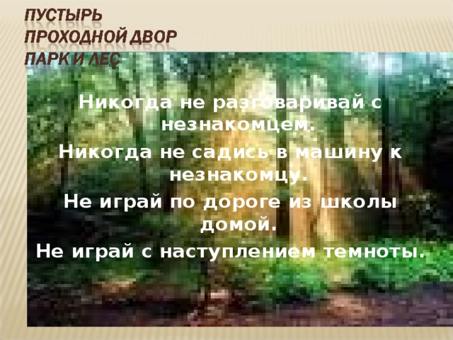 Никогда не разговаривай с незнакомцем. Никогда не садись в машину к незнакомцу. Не играй по дороге из школы домой. Не играй с наступлением темноты.  
