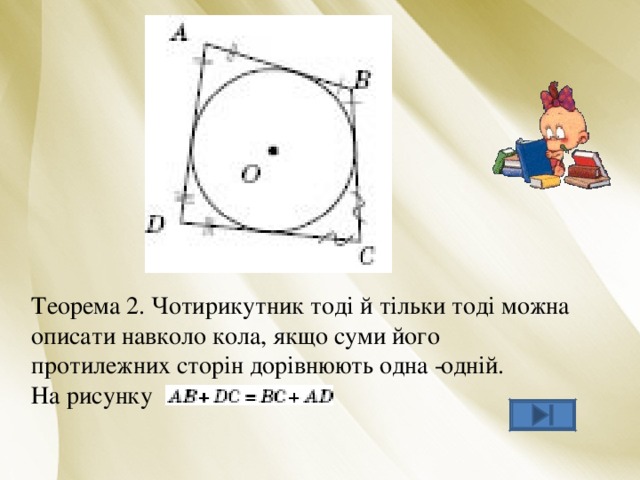 Теорема 2. Чотирикутник тоді й тільки тоді можна описати навколо кола, якщо суми його протилежних сторін дорівнюють одна ­  одній.  На рисунку   