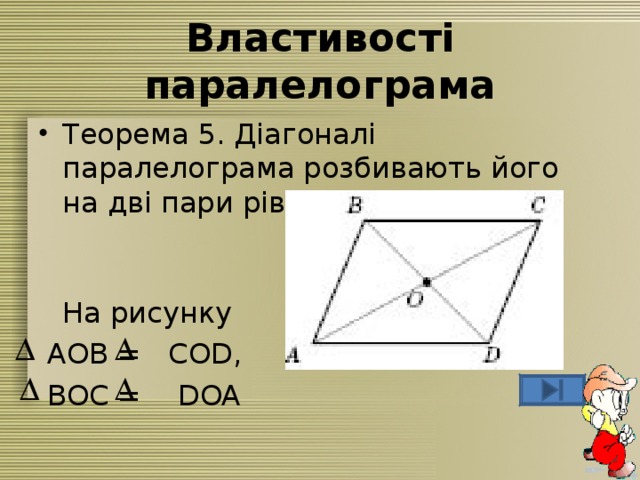 Властивості паралелограма Теорема 5. Діагоналі паралелограма розбивають його на дві пари рівних трикутників.   На рисунку   AOB = COD,  BOC = DOA 
