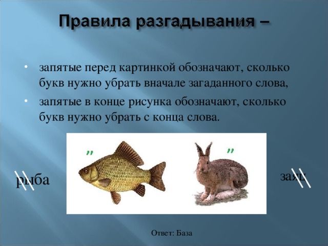 запятые перед картинкой обозначают, сколько букв нужно убрать вначале загаданного слова, запятые в конце рисунка обозначают, сколько букв нужно убрать с конца слова.  заяц рыба Ответ: База 