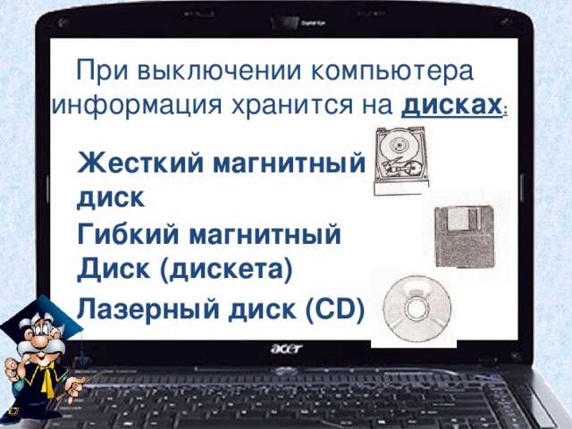 При выключении компьютера  информация хранится на дисках : Жесткий магнитный диск Гибкий магнитный Диск (дискета) Лазерный диск ( CD) 