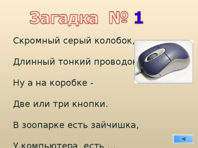 Скромный серый колобок, Длинный тонкий проводок, Ну а на коробке - Две или три кнопки. В зоопарке есть зайчишка, У компьютера есть ...  МЫШКА. 