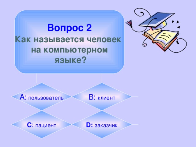  Вопрос 2  Как называется человек на компьютерном  языке? А: пользователь B:  клиент C :  пациент D:  заказчик 