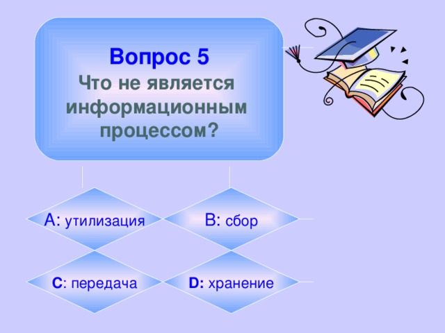  Вопрос 5  Что не является информационным процессом? А: утилизация B:  сбор C : передача D: хранение 