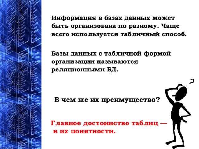 Информация в базах данных может быть организована по разному. Чаще всего используется табличный способ.  Базы данных с табличной формой организации называются реляционными БД.   В чем же их преимущество? Главное достоинство таблиц —  в их понятности . 
