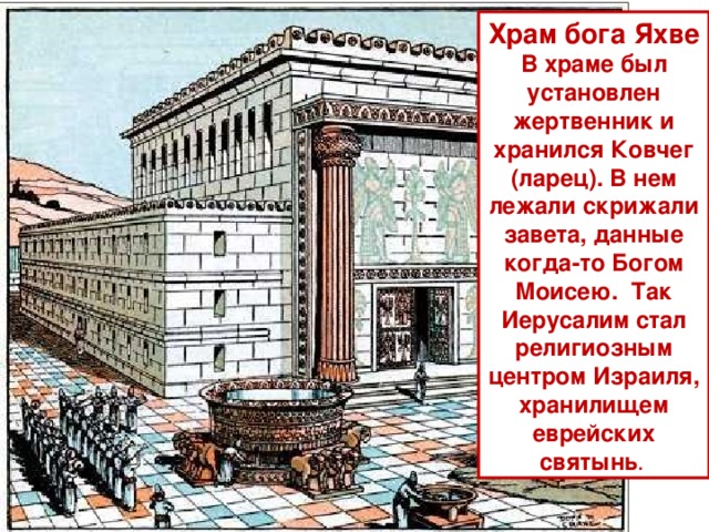 Храм бога Яхве В храме был установлен жертвенник и хранился Ковчег (ларец). В нем лежали скрижали завета, данные когда-то Богом Моисею. Так Иерусалим стал религиозным центром Израиля, хранилищем еврейских святынь . 
