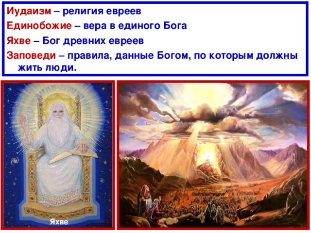 Иудаизм – религия евреев Единобожие – вера в единого Бога Яхве – Бог древних евреев Заповеди – правила, данные Богом, по которым должны жить люди. Яхве 