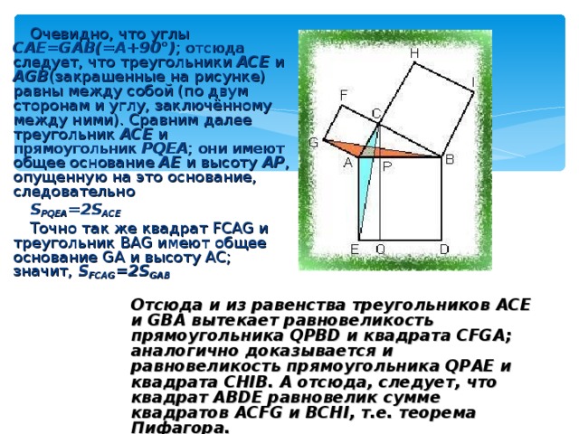 Очевидно, что углы CAE=GAB(=A+90°) ; отсюда следует, что треугольники ACE и AGB (закрашенные на рисунке) равны между собой (по двум сторонам и углу, заключённому между ними). Сравним далее треугольник ACE и прямоугольник PQEA ; они имеют общее основание AE и высоту AP , опущенную на это основание, следовательно S PQEA = 2S ACE Точно так же квадрат FCAG и треугольник BAG имеют общее основание GA и высоту AC; значит, S FCAG =2S GAB Отсюда и из равенства треугольников ACE и GBA вытекает равновеликость прямоугольника QPBD и квадрата CFGA; аналогично доказывается и равновеликость прямоугольника QPAE и квадрата CHIB. А отсюда, следует, что квадрат ABDE равновелик сумме квадратов ACFG и BCHI, т.е. теорема Пифагора.   