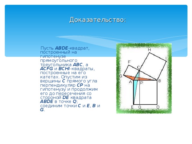 Доказательство:  Пусть ABDE -квадрат, построенный на гипотенузе прямоугольного треугольника ABC , а ACFG и BCHI -квадраты, построенные на его катетах. Опустим из вершины C прямого угла перпендикуляр CP на гипотенузу и продолжим его до пересечения со стороной DE квадрата ABDE в точке Q ; соединим точки C и E , B и G . 