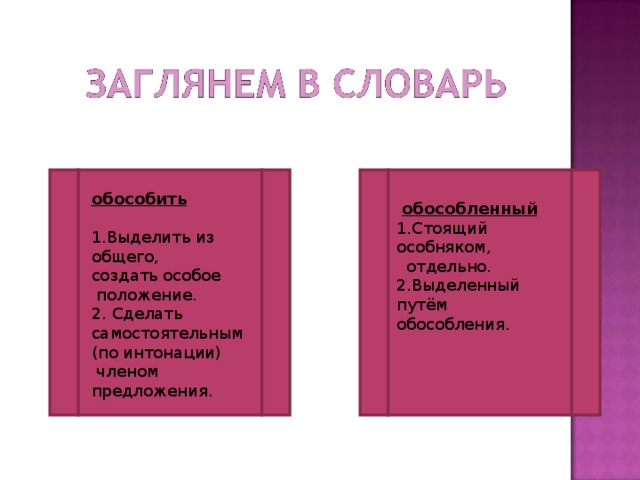 обособить   1.Выделить из общего, создать особое  положение. 2. Сделать самостоятельным (по интонации)  членом предложения.  обособленный 1.Стоящий особняком,  отдельно. 2.Выделенный путём обособления. 