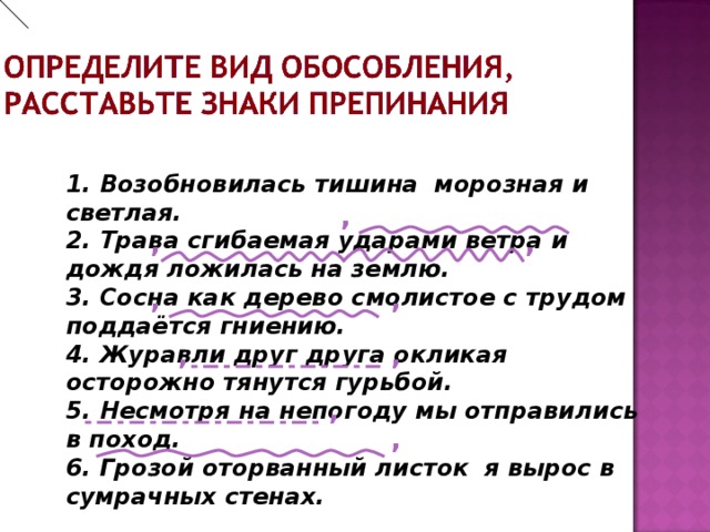 1. Возобновилась тишина  морозная и светлая. 2. Трава сгибаемая ударами ветра и дождя ложилась на землю. 3. Сосна как дерево смолистое с трудом поддаётся гниению. 4. Журавли друг друга окликая  осторожно тянутся гурьбой. 5. Несмотря на непогоду мы отправились в поход. 6. Грозой оторванный листок  я вырос в сумрачных стенах. , , , , , , , , , 