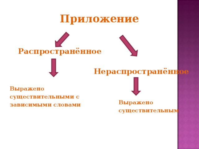 Приложение Распространённое Нераспространённое Выражено существительными с зависимыми словами Выражено существительным 