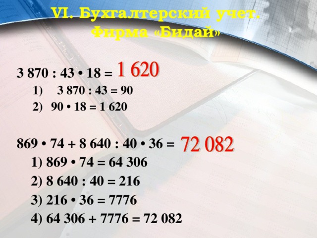 VI. Бухгалтерский учет.  Фирма «Бидай» 3 870 : 43 • 18 =  3 870 : 43 = 90 90 • 18 = 1 620  3 870 : 43 = 90 90 • 18 = 1 620  869 • 74 + 8 640 : 40 • 36 =  1) 869 • 74 = 64 306  2) 8 640 : 40 = 216  3) 216 • 36 = 7776  4) 64 306 + 7776 = 72 082 