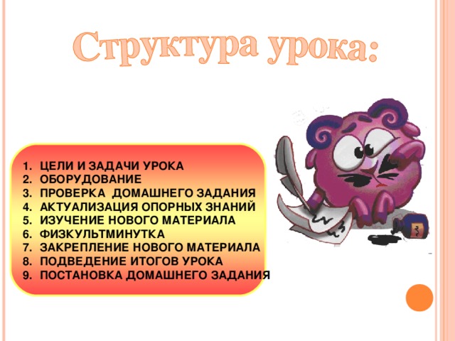    ЦЕЛИ И ЗАДАЧИ  УРОКА ОБОРУДОВАНИЕ ПРОВЕРКА ДОМАШНЕГО ЗАДАНИЯ АКТУАЛИЗАЦИЯ ОПОРНЫХ ЗНАНИЙ ИЗУЧЕНИЕ НОВОГО МАТЕРИАЛА ФИЗКУЛЬТМИНУТКА ЗАКРЕПЛЕНИЕ НОВОГО МАТЕРИАЛА ПОДВЕДЕНИЕ ИТОГОВ УРОКА ПОСТАНОВКА ДОМАШНЕГО ЗАДАНИЯ    