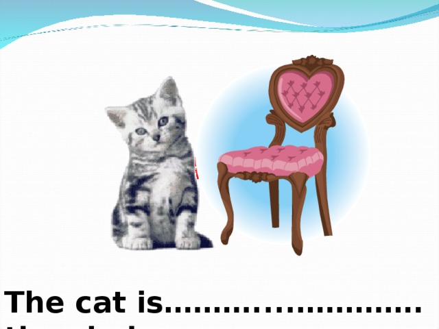 on the left of The cat is………....…………. the chair 