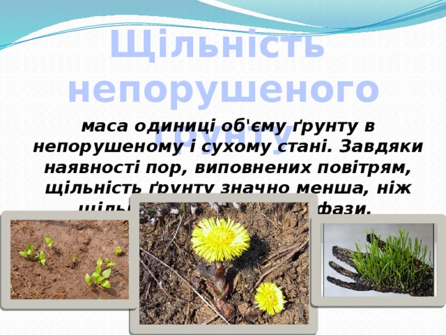 Щільність непорушеного грунту маса одиниці об'єму ґрунту в непорушеному і сухому стані. Завдяки наявності пор, виповнених повітрям, щільність ґрунту значно менша, ніж щільність його твердої фази. 