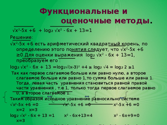 Функциональные и  оценочные методы .  √ х²-5х +6 + log 2 √х² - 6х + 13=1 Решение: √ х²-5х +6 есть арифметический квадратный корень, по определению этого понятия следует, что √х²-5х +6 ≥0.Для оценки выражения log 2 √х² - 6х + 13=1, преобразуем его : log 2 √х² - 6х + 13 =log 2 √(х-3)² +4 ≥ log 2 √4 = log 2 2 ≥1  Так как первое слагаемое больше или равно нулю, а второе слагаемое больше или равно 1,то сумма больше или равна 1. Тогда, левая часть уравнения становиться равной правой части уравнения , т.е 1, только тогда первое слагаемое равно 0, а второе слагаемое 1. Таким образом исходное уравнение равносильно системе √ х²-5х +6 =0 √х²-5х +6 =0 х²-5х +6 =0 х=2 х=3 log 2 √х² - 6х + 13 =1 х² - 6х+13=4 х² - 6х+9=0 х=3 Проверка при х=3 √3²-5*3 +6 + log 2 √3² - 6*3 + 13= 0+ log 2 √4 =0+1=1 Ответ корнем уравнения является  х=3  