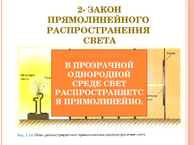 2- Закон Прямолинейного Распространения света В ПРОЗРАЧНОЙ ОДНОРОДНОЙ СРЕДЕ СВЕТ РАСПРОСТРАНЯЕТСЯ ПРЯМОЛИНЕЙНО. 