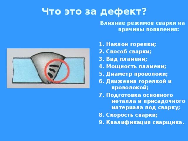 Что это за дефект? Влияние режимов сварки на причины появления:  1. Наклон горелки; 2. Способ сварки; 3. Вид пламени; 4. Мощность пламени; 5. Диаметр проволоки; 6. Движения горелкой и проволокой; 7. Подготовка основного металла и присадочного материала под сварку; 8. Скорость сварки; 9. Квалификация сварщика.  