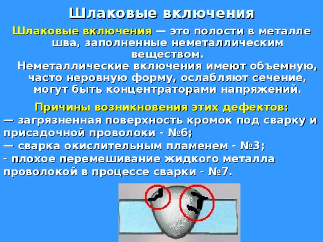 Шлаковые включения Шлаковые включения — это полости в металле шва, заполненные неметаллическим веществом.  Неметаллические включения имеют объемную, часто неровную форму, ослабляют сечение, могут быть концентраторами напряжений.  Причины возникновения этих дефектов: — загрязненная поверхность кромок под сварку и присадочной проволоки - №6; — сварка окислительным пламенем - №3; - плохое перемешивание жидкого металла проволокой в процессе сварки - №7. 