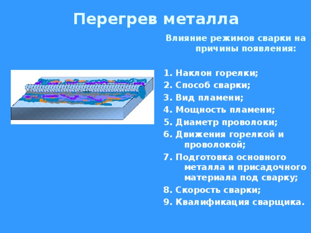 Перегрев металла Влияние режимов сварки на причины появления:  1. Наклон горелки; 2. Способ сварки; 3. Вид пламени; 4. Мощность пламени; 5. Диаметр проволоки; 6. Движения горелкой и проволокой; 7. Подготовка основного металла и присадочного материала под сварку; 8. Скорость сварки; 9. Квалификация сварщика.  