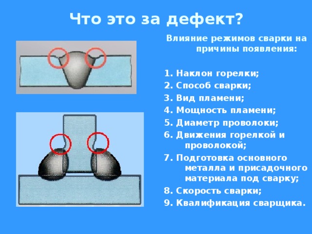 Что это за дефект? Влияние режимов сварки на причины появления:  1. Наклон горелки; 2. Способ сварки; 3. Вид пламени; 4. Мощность пламени; 5. Диаметр проволоки; 6. Движения горелкой и проволокой; 7. Подготовка основного металла и присадочного материала под сварку; 8. Скорость сварки; 9. Квалификация сварщика.  