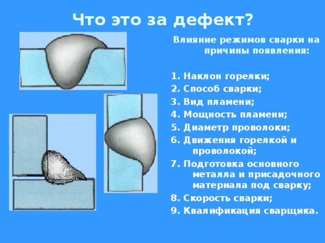 Что это за дефект? Влияние режимов сварки на причины появления:  1. Наклон горелки; 2. Способ сварки; 3. Вид пламени; 4. Мощность пламени; 5. Диаметр проволоки; 6. Движения горелкой и проволокой; 7. Подготовка основного металла и присадочного материала под сварку; 8. Скорость сварки; 9. Квалификация сварщика.  