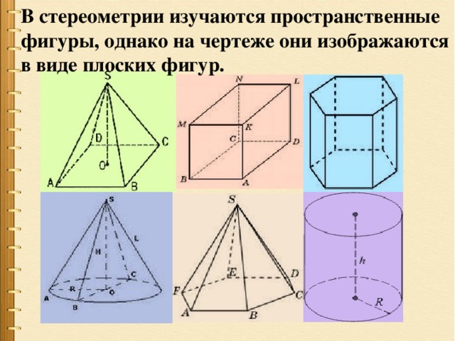 В стереометрии изучаются пространственные фигуры, однако на чертеже они изображаются в виде плоских фигур. 