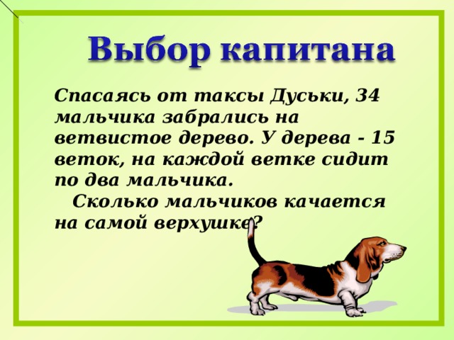 Спасаясь от таксы Дуськи, 34 мальчика забрались на ветвистое дерево. У дерева - 15 веток, на каждой ветке сидит по два мальчика.   Сколько мальчиков качается на самой верхушке? 