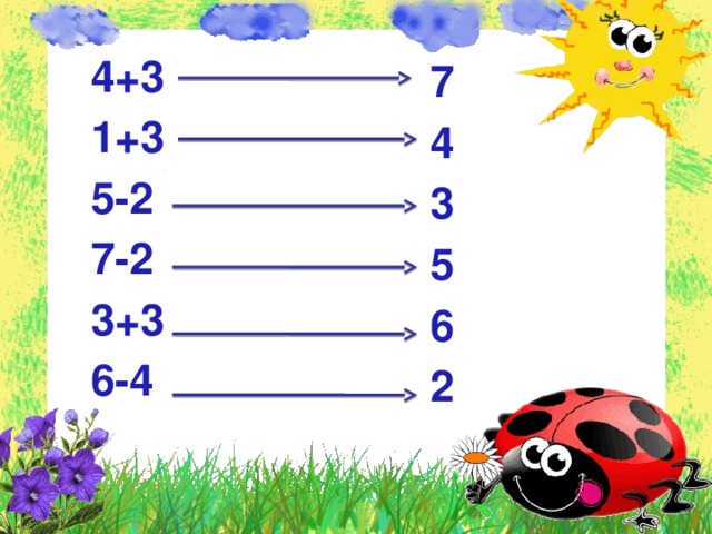 4+3 1+3 5-2 7-2 3+3 6-4 7 4 3 5 6 2 