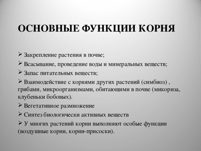 ОСНОВНЫЕ ФУНКЦИИ КОРНЯ    Закрепление растения в почве;  Всасывание, проведение воды и минеральных веществ;  Запас питательных веществ;  Взаимодействие с корнями других растений (симбиоз) , грибами, микроорганизмами, обитающими в почве (микориза, клубеньки бобовых).  Вегетативное размножение  Синтез биологически активных веществ  У многих растений корни выполняют особые функции (воздушные корни, корни-присоски). 