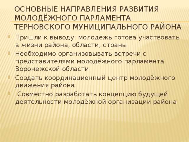 Основные направления развития молодёжного парламента Терновского муниципального района Пришли к выводу: молодёжь готова участвовать в жизни района, области, страны Необходимо организовывать встречи с представителями молодёжного парламента Воронежской области Создать координационный центр молодёжного движения района  Совместно разработать концепцию будущей деятельности молодёжной организации района  
