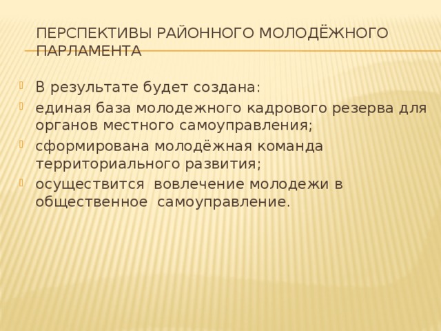 Перспективы районного молодёжного парламента В результате будет создана: единая база молодежного кадрового резерва для органов местного самоуправления; сформирована молодёжная команда территориального развития; осуществится вовлечение молодежи в общественное самоуправление. 