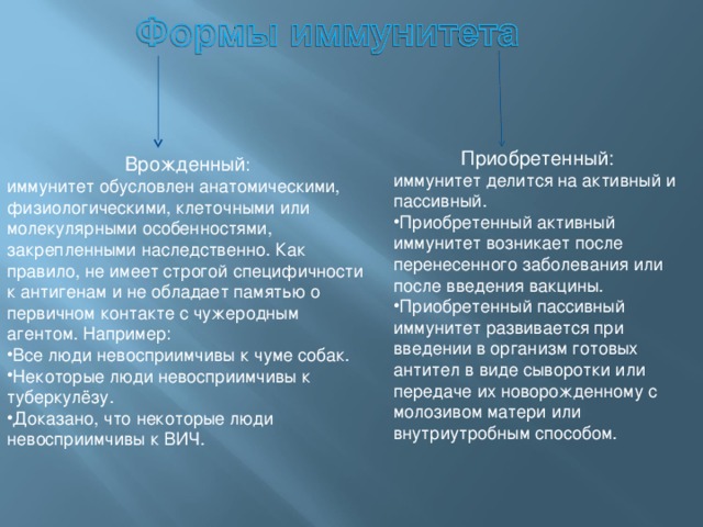 Приобретенный: иммунитет делится на активный и пассивный. Приобретенный активный иммунитет возникает после перенесенного заболевания или после введения вакцины. Приобретенный пассивный иммунитет развивается при введении в организм готовых антител в виде сыворотки или передаче их новорожденному с молозивом матери или внутриутробным способом. Врожденный : иммунитет обусловлен анатомическими, физиологическими, клеточными или молекулярными особенностями, закрепленными наследственно. Как правило, не имеет строгой специфичности к антигенам и не обладает памятью о первичном контакте с чужеродным агентом. Например: Все люди невосприимчивы к чуме собак. Некоторые люди невосприимчивы к туберкулёзу. Доказано, что некоторые люди невосприимчивы к ВИЧ. 