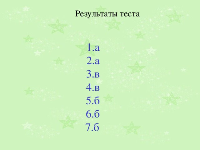 Результаты теста 1.а 2.а 3.в 4.в 5.б 6.б 7.б 