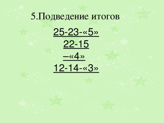 5.Подведение итогов 25-23-«5» 22-15 –«4» 12-14-«3» 