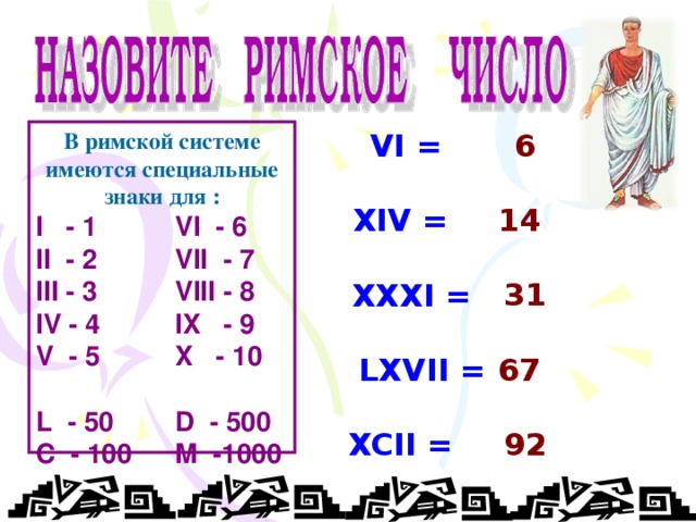   В римской системе имеются специальные знаки для : 6  14   31  67   92  VI =  XIV =   XXXI =   LXVII =  XCII = I - 1   VI - 6 II - 2   VII - 7 III - 3   VIII - 8 IV - 4   IX - 9 V - 5   X - 10 L - 50  D - 500 C - 100  M -1000  
