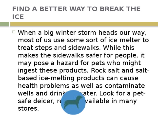 FIND A BETTER WAY TO BREAK THE ICE When a big winter storm heads our way, most of us use some sort of ice melter to treat steps and sidewalks. While this makes the sidewalks safer for people, it may pose a hazard for pets who might ingest these products. Rock salt and salt-based ice-melting products can cause health problems as well as contaminate wells and drinking water. Look for a pet-safe deicer, readily available in many stores.   