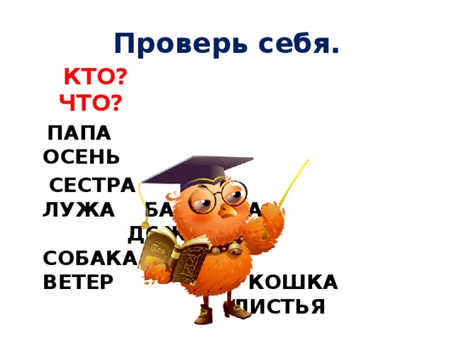 Проверь себя.  КТО? ЧТО?  ПАПА ОСЕНЬ  СЕСТРА ЛУЖА БАБУШКА ДОЖД СОБАКА ВЕТЕР КОШКА ЛИСТЬЯ 