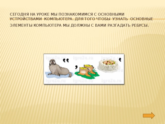 Сегодня на уроке мы познакомимся с основными устройствами компьютера. Для того чтобы узнать основные элементы компьютера мы должны с вами разгадать ребусы .   